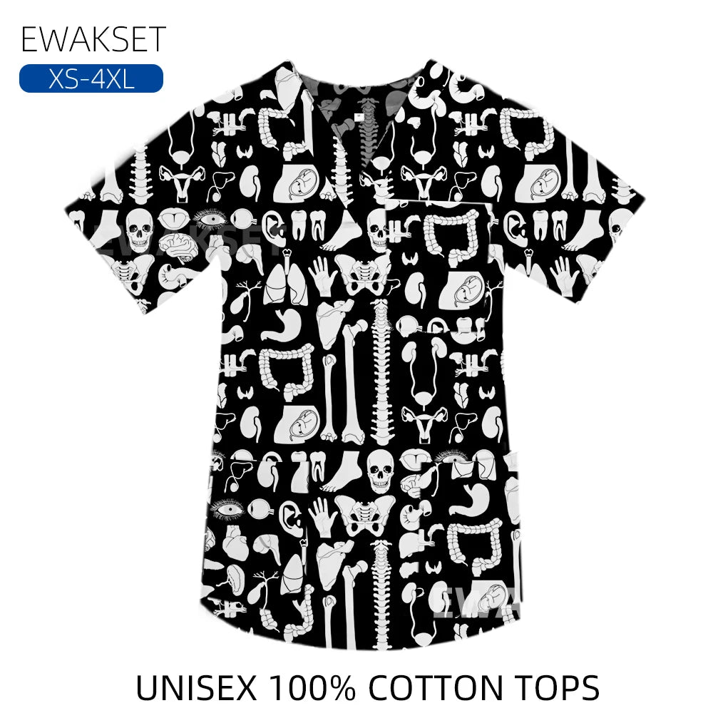 New Top for orthopedics Cotton bones skeleton printed Medical Blouse V-neck Nurse Doctor Operating T shirts Unisex Scrub Clothes