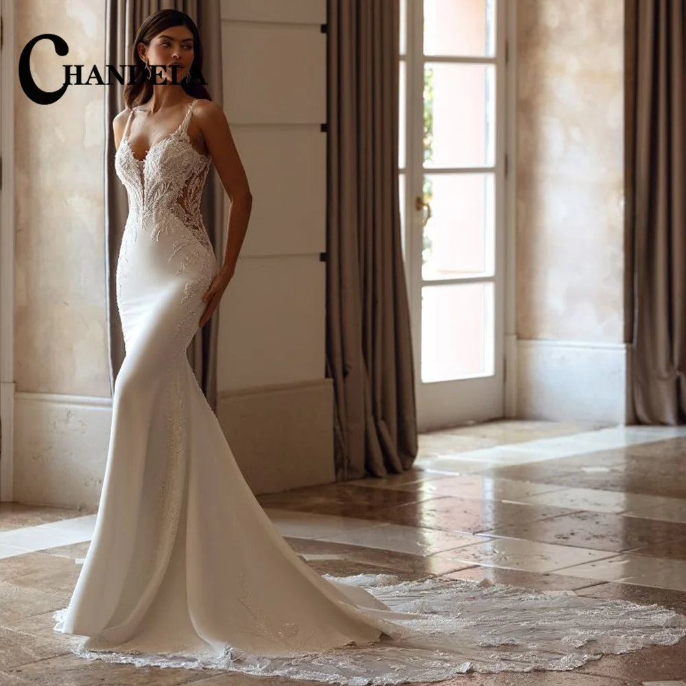 CHANDELA Trendy A-line Wedding Dress Bridal Sleeveless Tulle Lace Appliques Lacing up Brush Train Vestidos Para Mujer Customised