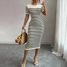 Women's Black Striped Crew Neck Short Sleeve Stretchy Knit Midi Dress Bodycon Sundress Casual Summer Daily Party Dress Outfits