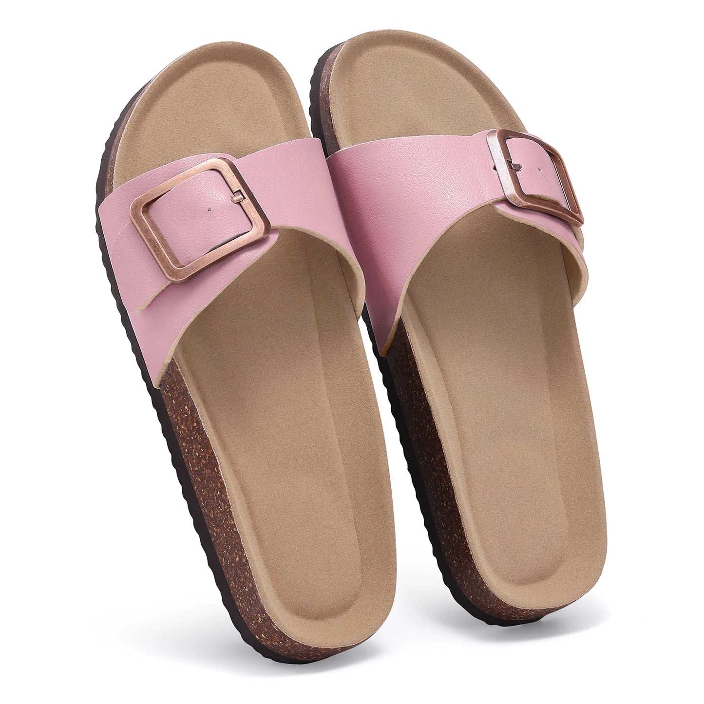 Bebealy Women's Cork Footbed Slippers Summer Leather Beach Flip Flops with Adjustable Buckle Lady Clogs Sandal With Arch Support