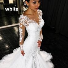 Long Sleeve Mermaid Wedding Dresses Sheer V Neck Lace Appliques Illusion Back Bridal Gown Sweep Train Tulle Vestido De Novia