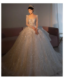 2024 Long Sleeve Beading Wedding Dress  Square Collar Luxury Sweep Train Winter Bridal Gowns Vestido De Noiva Customized