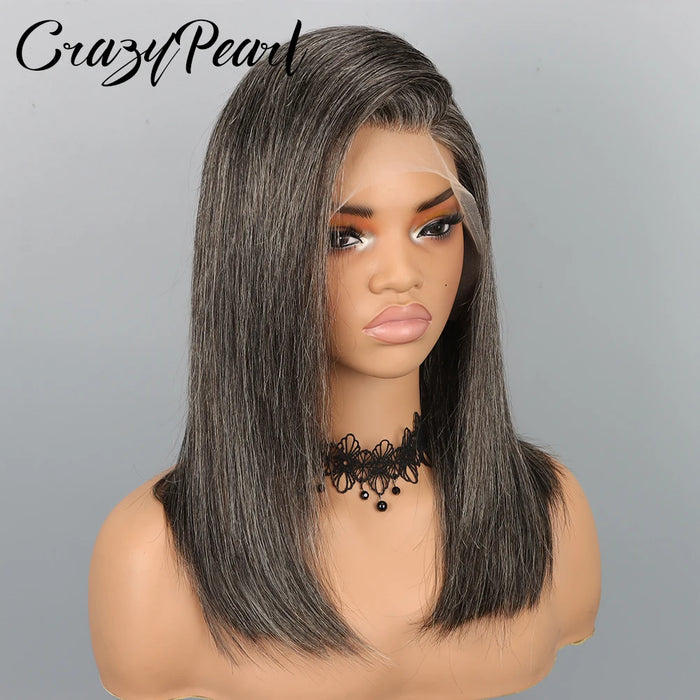 CrazyPearl Bob Wig Human Hair Salt and Pepper Grey Wigs 13X4 Straight Lace Frontal Wigs Human Hair Natural Hairline Gray Wigs