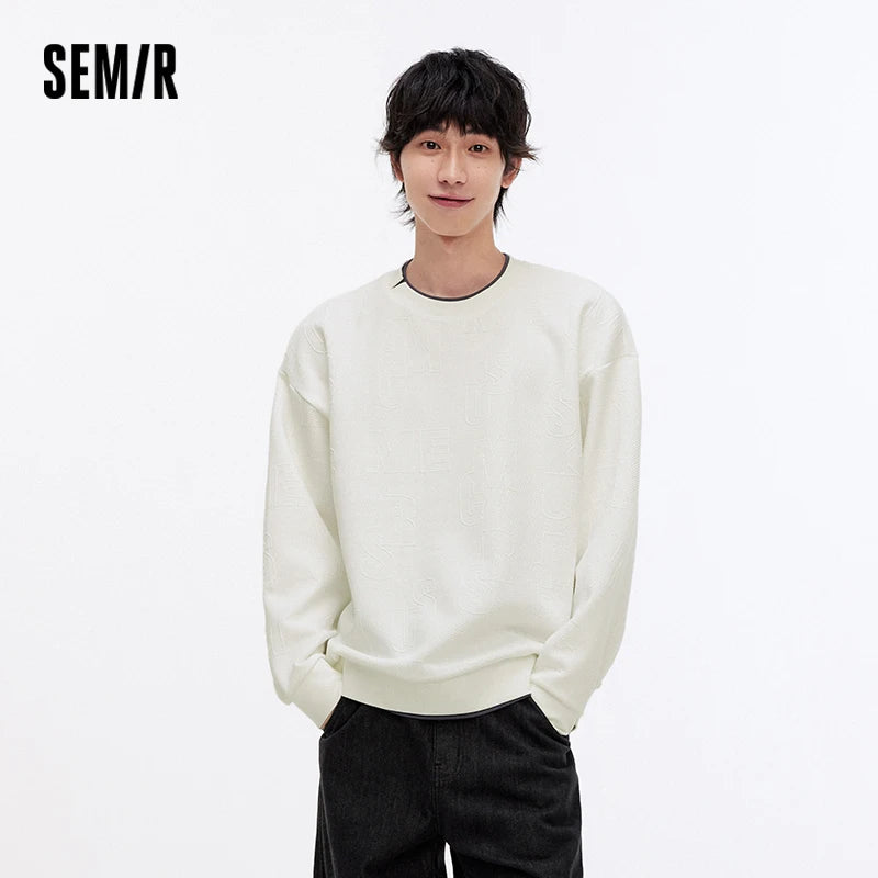 Semir Hoodie Men Color Block Fake Two Piece 2025 Autumn New Textured Letter Jacquard Casual Top