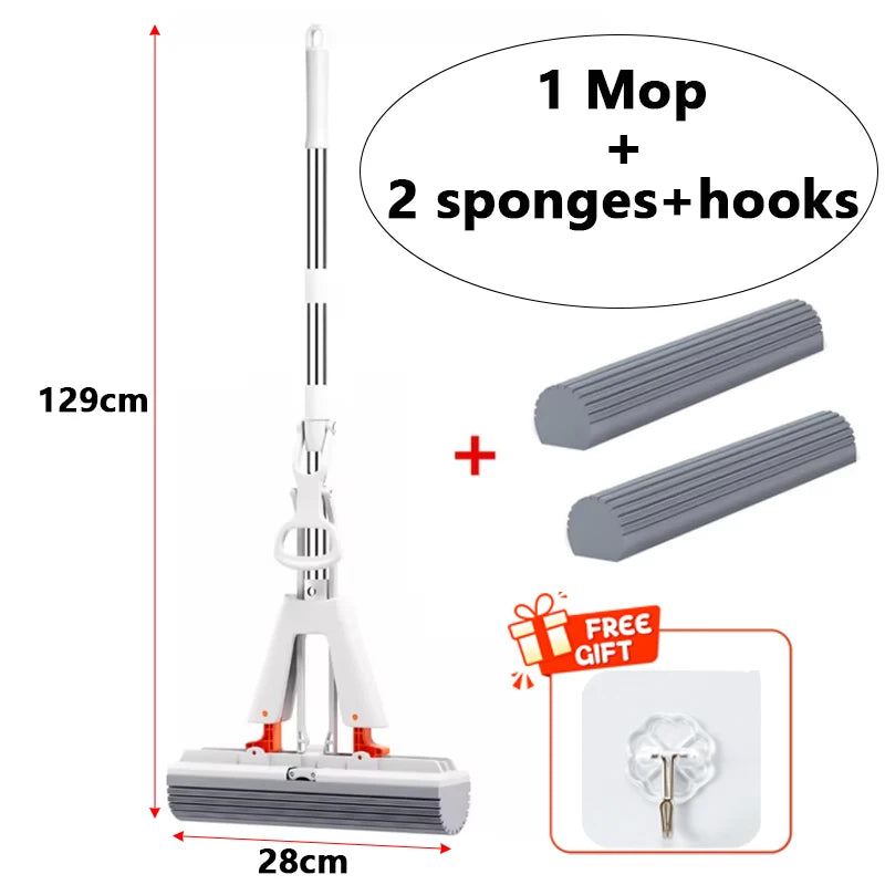 Squeezed Self Draining Rubber Cotton Mop Hand Free Magic Self-Cleaning Flat Mop Reusable Sponge Household Floor Cleaning Tool