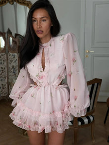 Floral Printed Backless Mini Dress Women Elegant O Neck Long Sleeved Ruffles A-line Dresses Summer Chic Female Holiday Vestido