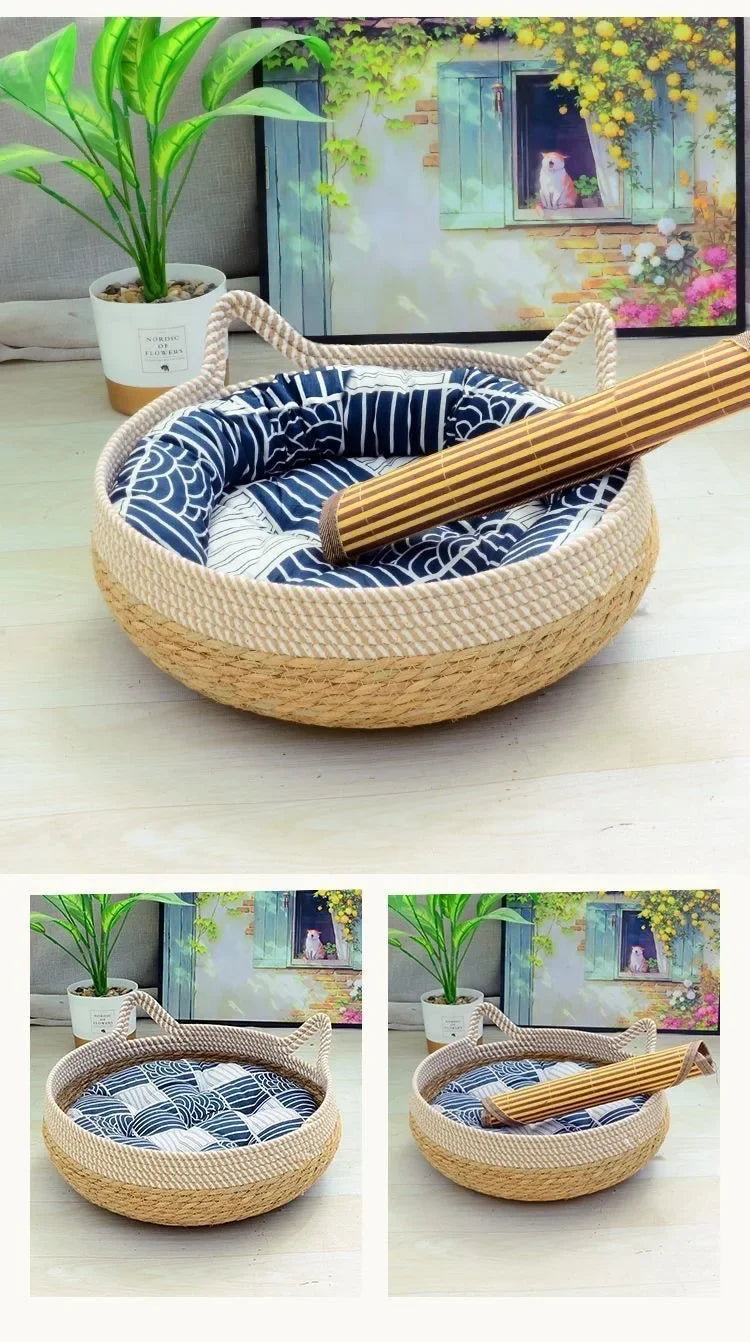 Vine Woven Cat Bed Pet Bed All-weather Comfortable Sleep 35/40cm Cat Bed Circular Cat House Puppy Bed Home Pet Supplies