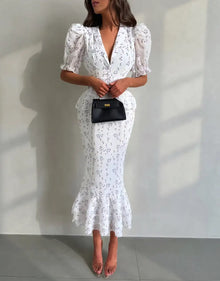 Robe longue à imprimé, col en V, taille cintrée et plissée, à revers et manches courtes, taille haute, élégante, nouvelle robe d'été pour femme