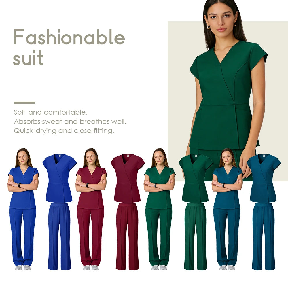 Scrubs Set Nurse Medical Uniforms Doctor Surgery Overalls Beauty Salon Workwear Short Sleeve V-neck Tops+Pants Sets Women Unisex