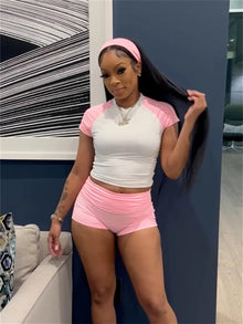 Weird  Puss Sporty Patchwork 3 Piece Set Women Casual Summer Headband+Crop Top+High Waist Bike Shorts Street Matching Tracksuit