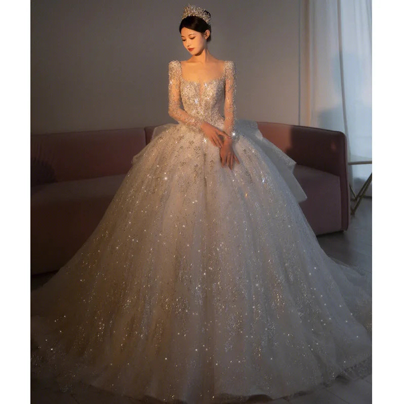 2024 Long Sleeve Beading Wedding Dress  Square Collar Luxury Sweep Train Winter Bridal Gowns Vestido De Noiva Customized