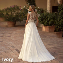 A Line Wedding Dress Cap Sleeve Sheer V Neck Leaf Lace Chiffon Side Split Pearl Button Back Sweep Train Custom Bridal Dress