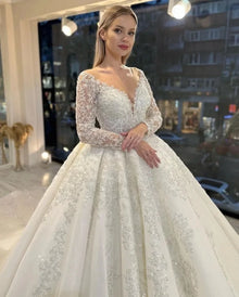 Flavinke Customized A-Line Wedding Dresses Women Sequins Appliques Bridal Gown O-Neck Long Sleeves Sweep Train Vestidos De Novia