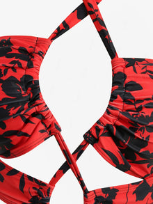 Red Black Floral Tankini Set Skirt Halter High Waist