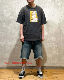Mens Saint Distressed Denim Shorts Splashed Ink Wash Multi Pocket Loose Casual Streetwear Shorts