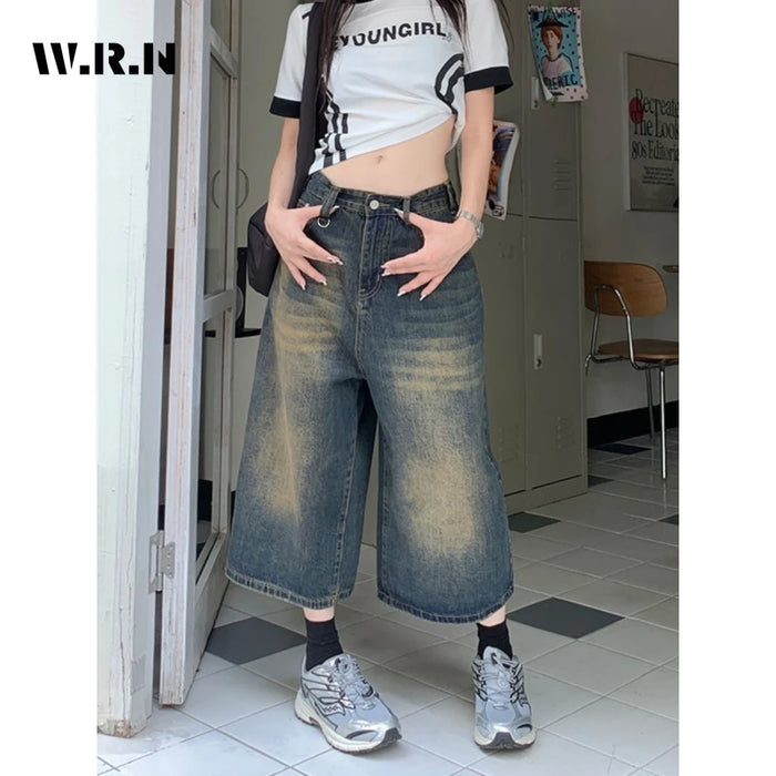 Shorts en jean vintage américains taille haute mi-longs amples pour femme, style décontracté années 2000 Y2K, jambe large, style grunge, style urbain