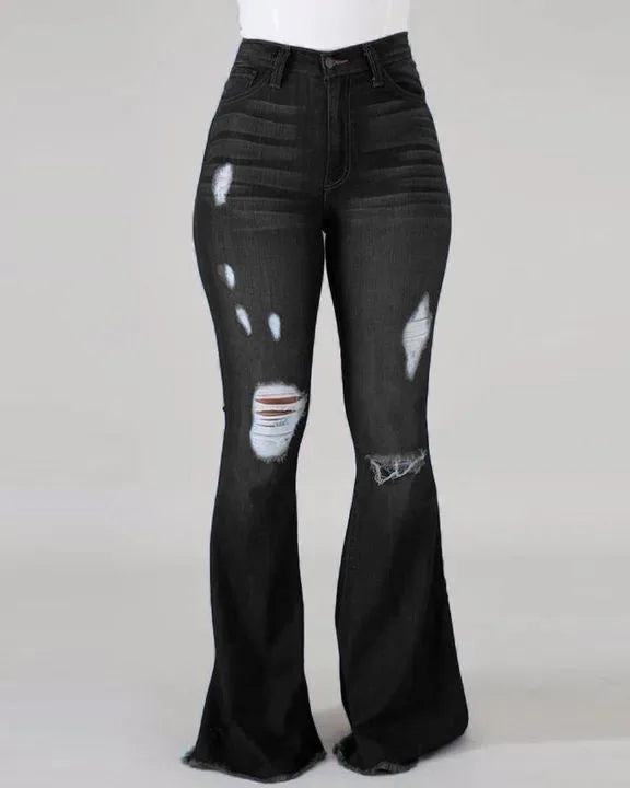 Spring and autumn Women's Blue Ripped Flared Jeans, Black Stretch Denim Pants, Stylish Casual Trousers.