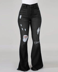 Spring and autumn Women's Blue Ripped Flared Jeans, Black Stretch Denim Pants, Stylish Casual Trousers.