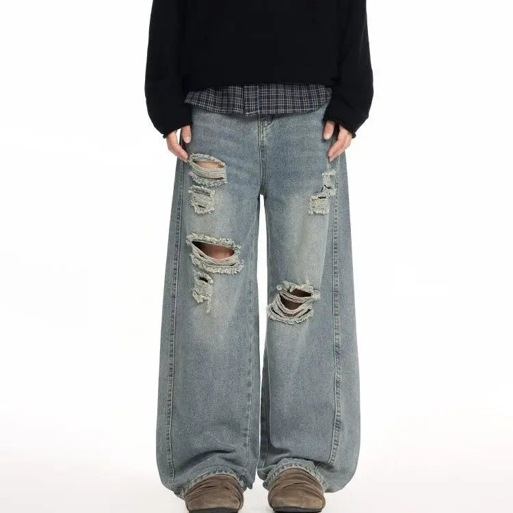 High Waist Men's Blue Jeans Aesthetic Vintage 2000s Streetwear Y2K Wide Leg Jeans 2026 Autumn Ripped Trouser Baggy Denim Pants