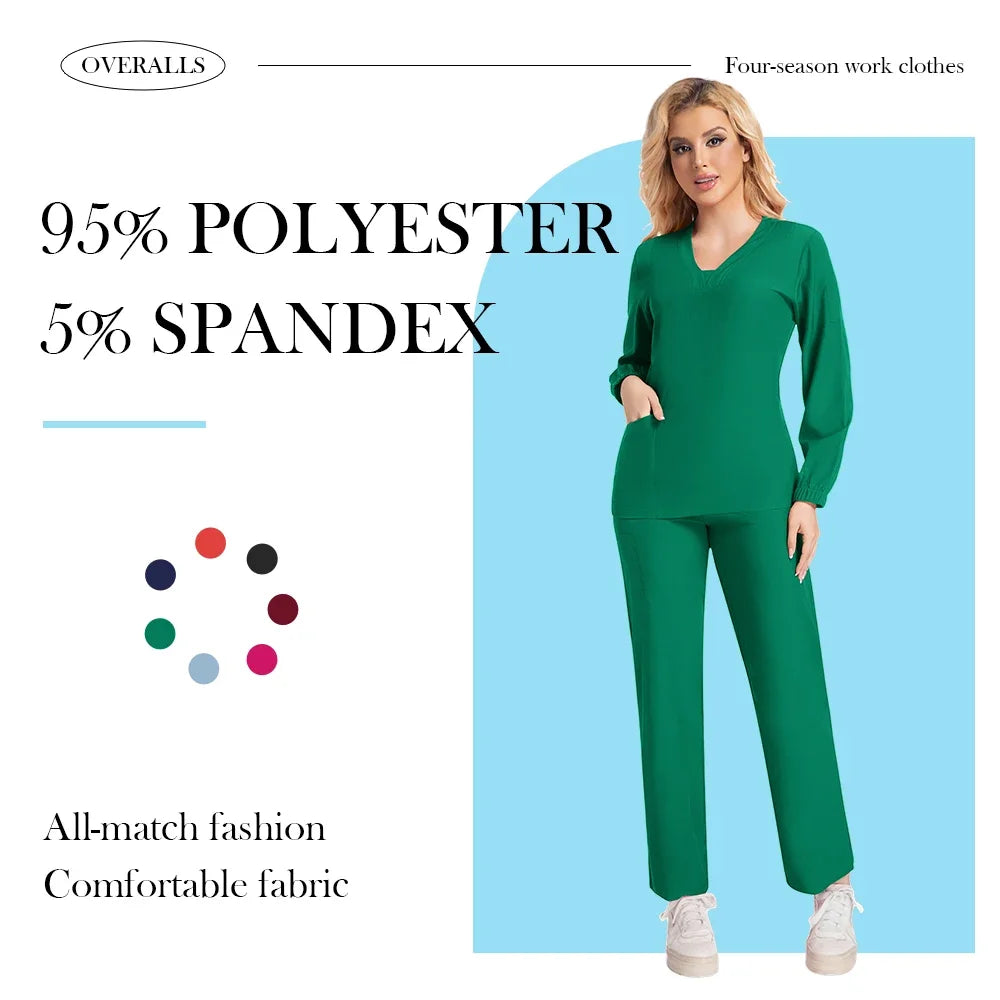 New Scrubs Nurse Uniforms Long Sleeve V-neck Top+Straight Pants Women Multicolor Nursing Scrubs Set Pet Doctor Medical Workwear