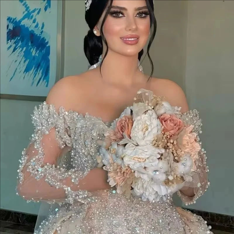 Customized Bridal Dress With Detachable Train Off The Shoulder Heavy Appliques Pearls Trumpet Illusion Full Sleeves Bridal Gown