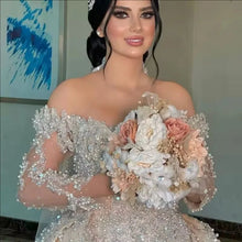 Customized Bridal Dress With Detachable Train Off The Shoulder Heavy Appliques Pearls Trumpet Illusion Full Sleeves Bridal Gown
