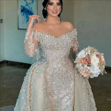 Customized Bridal Dress With Detachable Train Off The Shoulder Heavy Appliques Pearls Trumpet Illusion Full Sleeves Bridal Gown
