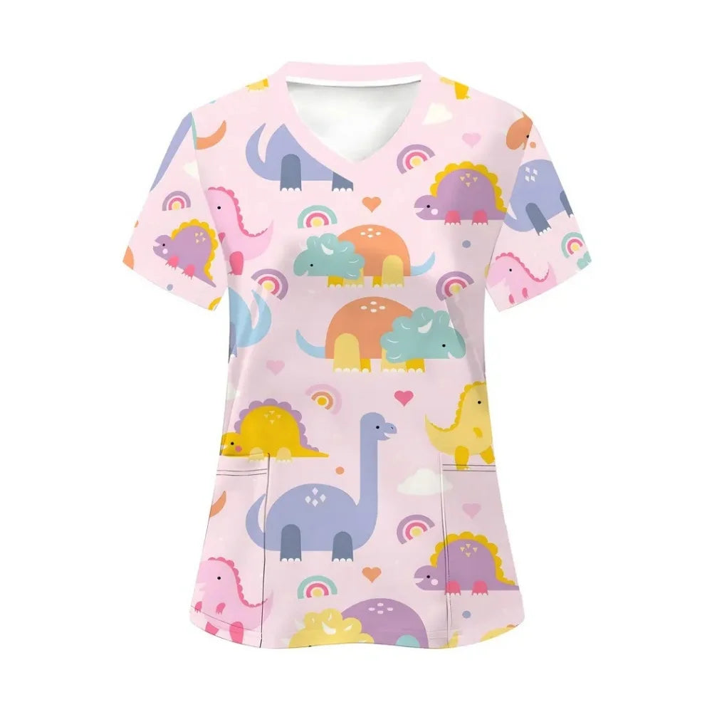 Clinical Uniform Woman Dinosaur Cartoon Print Vet Scrubs Woman Tops V-Neck Short Sleeve with Micro Stretch Nurse Uniform Woman