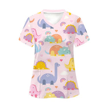 Clinical Uniform Woman Dinosaur Cartoon Print Vet Scrubs Woman Tops V-Neck Short Sleeve with Micro Stretch Nurse Uniform Woman