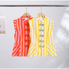 Striped Mandarin Collar Frog Button Ruffle Trim Top Striped Single‑breasted 2026 Summer Women Blouse Versatile Casual Lady Top