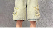 Star Patchwork Yellow Clay Color Jeans Summer Men Denim Shorts Trendy Streetwear Five-point Pants Straight Jeans Shorts