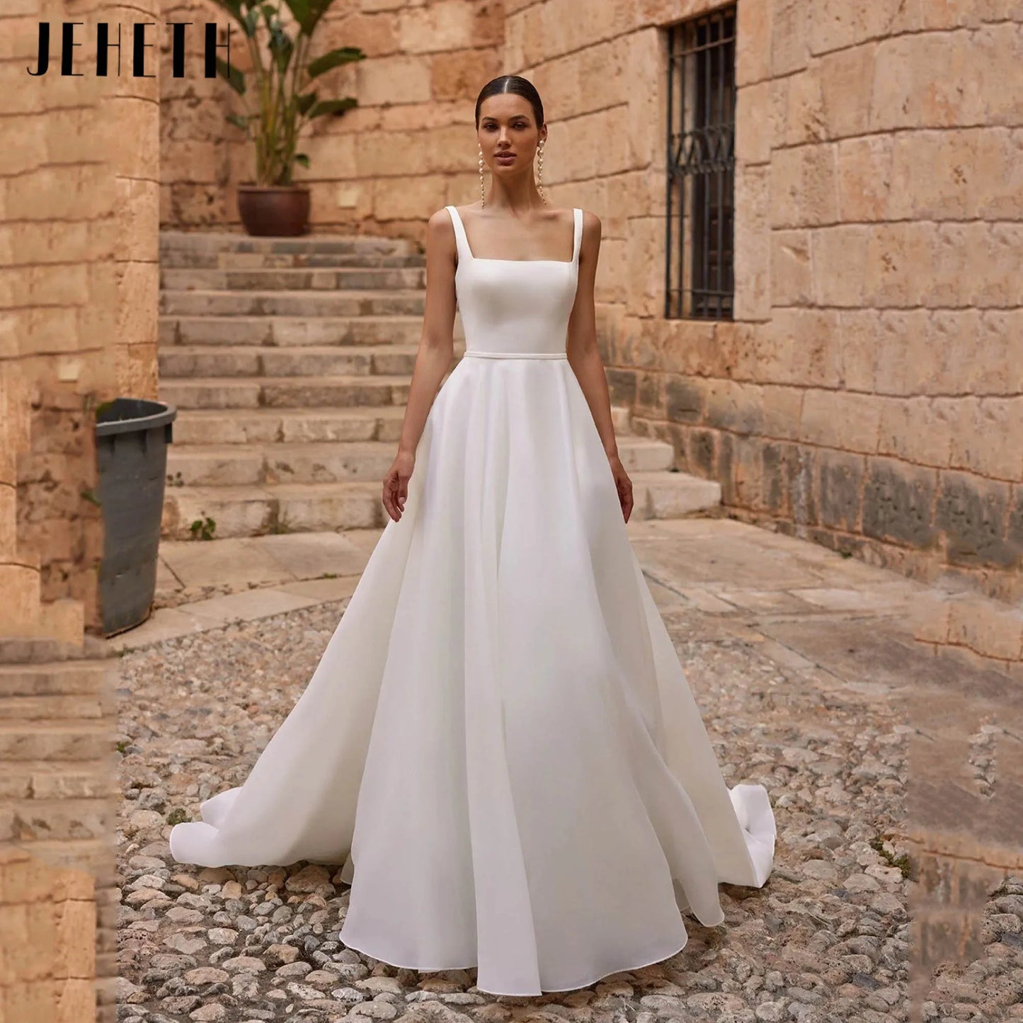 JEHETH Boho Brides Wedding Dresses Spaghetti Straps Square Collar Simple Formal Bride Dress Vintage Long Bridal Gowns Customized