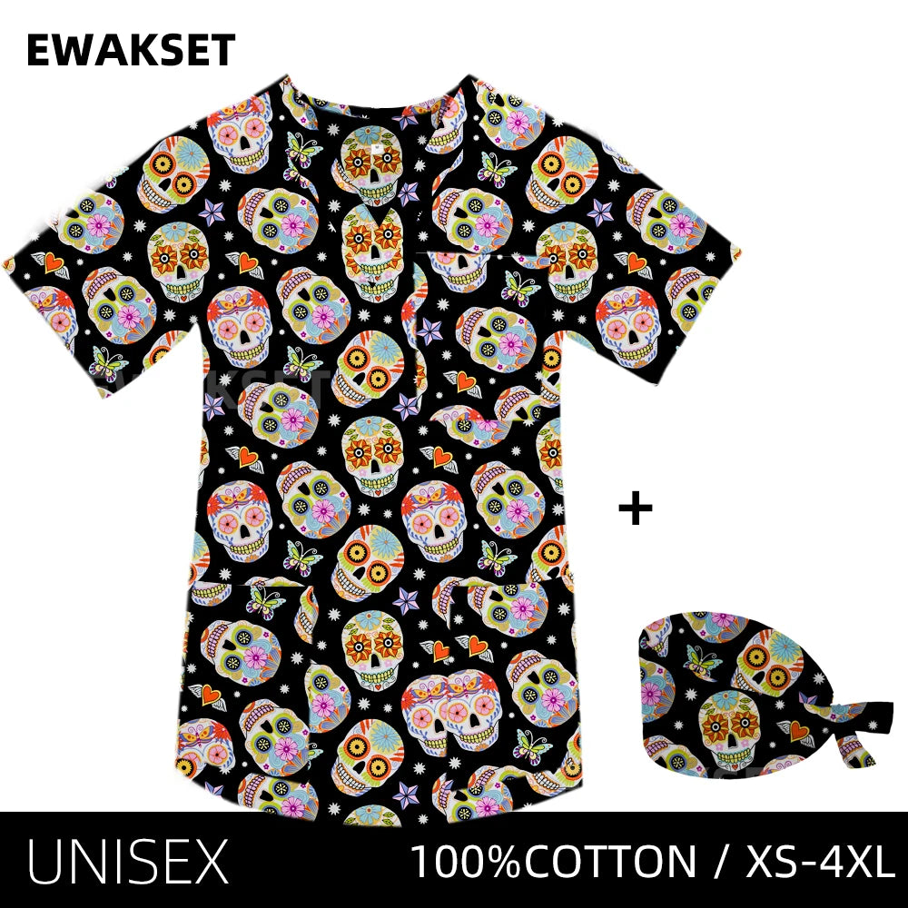 New Top for orthopedics Cotton bones skeleton printed Medical Blouse V-neck Nurse Doctor Operating T shirts Unisex Scrub Clothes