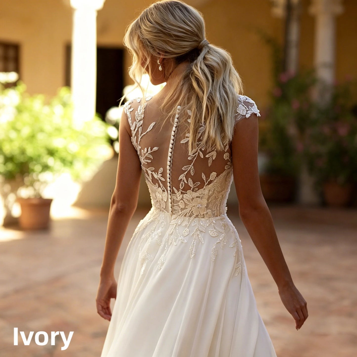 A Line Wedding Dress Cap Sleeve Sheer V Neck Leaf Lace Chiffon Side Split Pearl Button Back Sweep Train Custom Bridal Dress