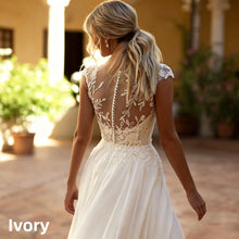 A Line Wedding Dress Cap Sleeve Sheer V Neck Leaf Lace Chiffon Side Split Pearl Button Back Sweep Train Custom Bridal Dress