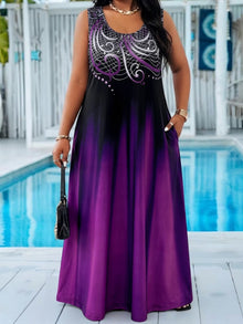 Plus Size Teal Blue Gradient Print Maxi Dress Summer Casual Round Neck Sleeveless Loose Long Sundress With Pocket