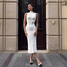 2025 Spring Sleeveless Knitwear Turtleneck Long Dress Female Slim Elegant Fashion Autumn Ribbed Knit Dress For Women Maxi Dress
