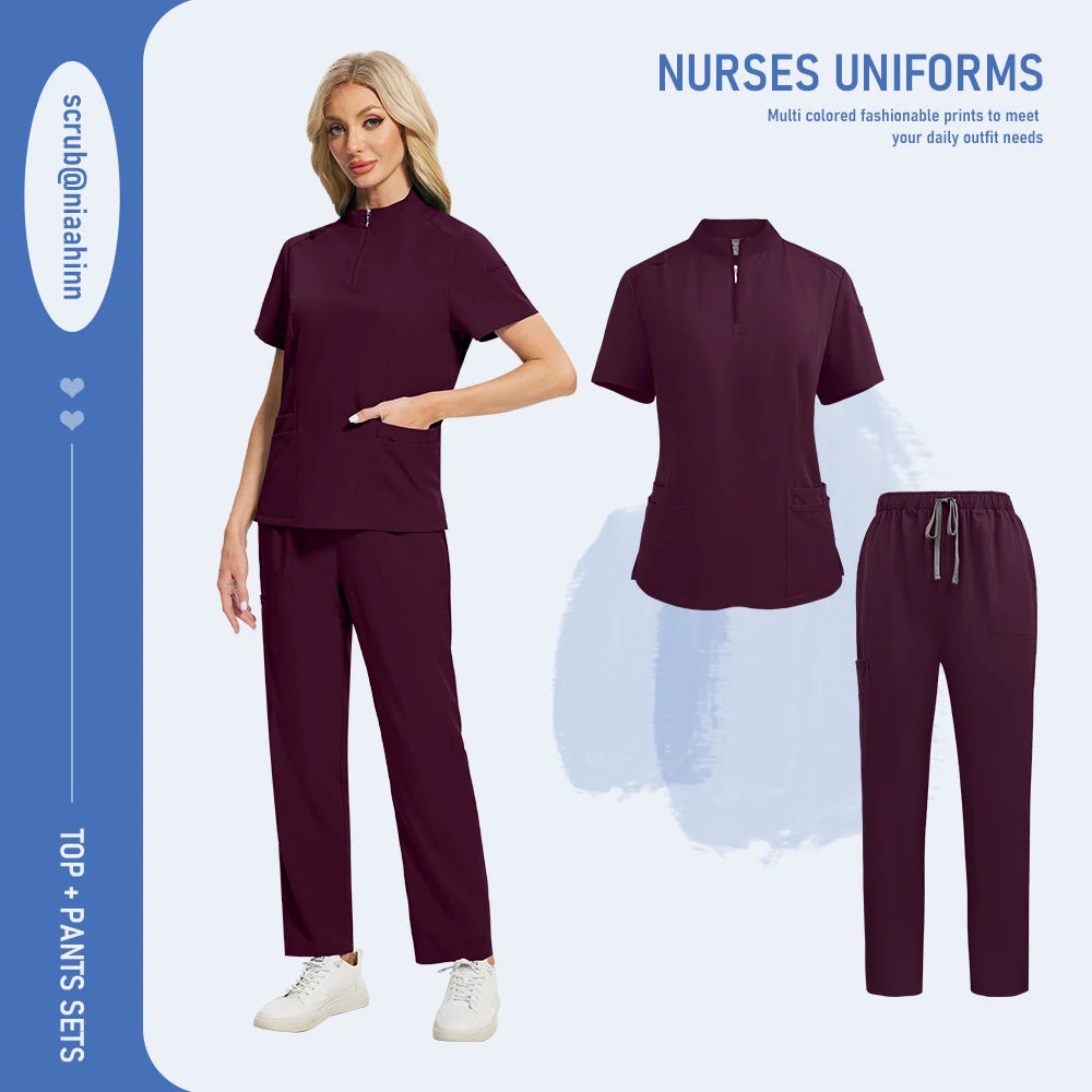 Niaahinn Pants Sets Scrubs Top with Zipper Salon Beauty Spa Uniform Women Men Scrub Uniforms Healthcare Pharmacy Nurse Work Wear