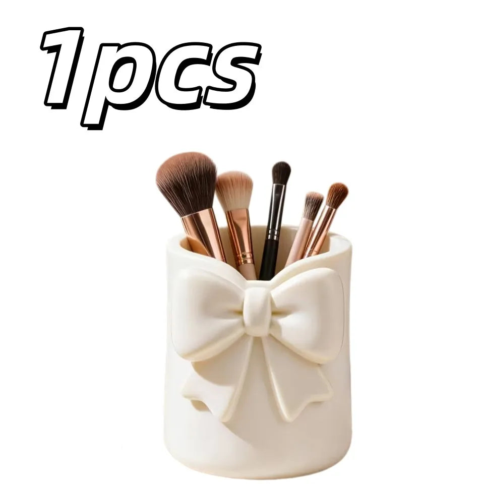 1 organisateur de maquillage de bureau avec nœud – pot à crayons 3D, rangement pour pinceaux, gloss et accessoires à sourcils
