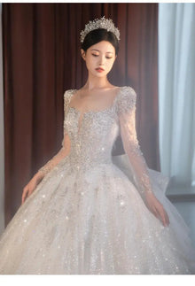 2024 Long Sleeve Beading Wedding Dress  Square Collar Luxury Sweep Train Winter Bridal Gowns Vestido De Noiva Customized