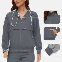 Surgical gown jacket, long sleeved jacket, stand up collar with multiple pockets, medical brush gloves, nurse work clothes