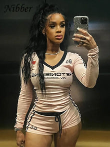 Nibber Women Tracksuit 2 Piece Set Stroke Tight Hipster Letter Print Sporty Casual Crop Tops+Shorts Vitality Matching Outfits