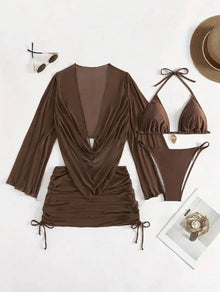 4 Piece Sexy Solid Color Bikini Set With Sheer Cover Up