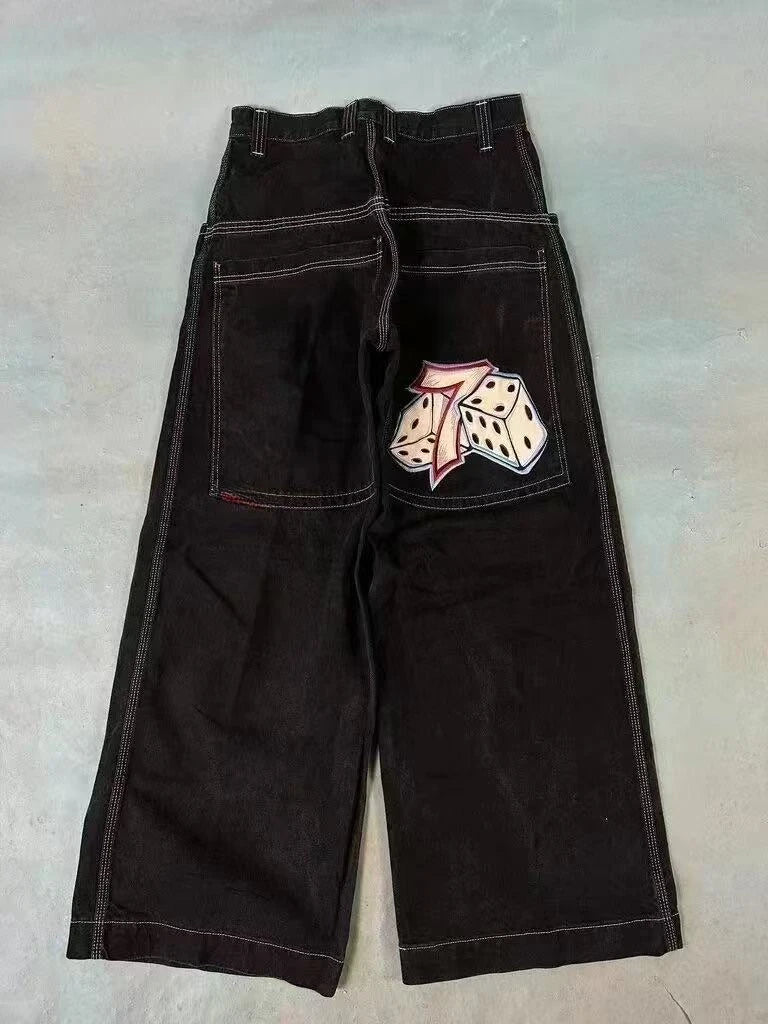 Men Women Retro Gothic High Waist Jeans Y2k Baggy Black Harajuku Hip Hop Pattern Embroidered Blue Denim Pants Wide Leg Jeans