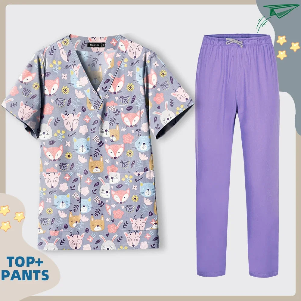 Print Dogs/Cats/Rabbit Scrub Tops Women Men Medical Scrub Shirts Pet Shop Vet Workwear Doctor Nurse Uniform Dentist Overalls Cap