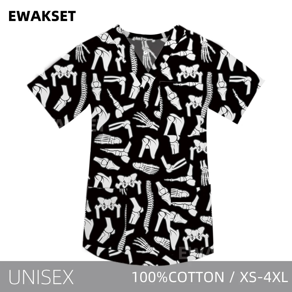 New Top for orthopedics Cotton bones skeleton printed Medical Blouse V-neck Nurse Doctor Operating T shirts Unisex Scrub Clothes