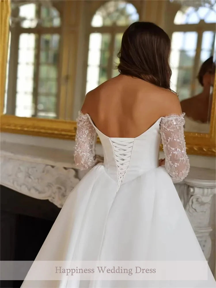SWEMILE Customized Off Shoulder Long Appliques Sleeves Satin A-Line Wedding Elegant Lace-up Back Floor Length Side Slit Gown