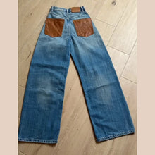 Women Jeans High Waist Pants Wide Leg Jean Contrast Brown Leather Patch Pockets Fit Casual Denim Trousers Spring Woman Clothes