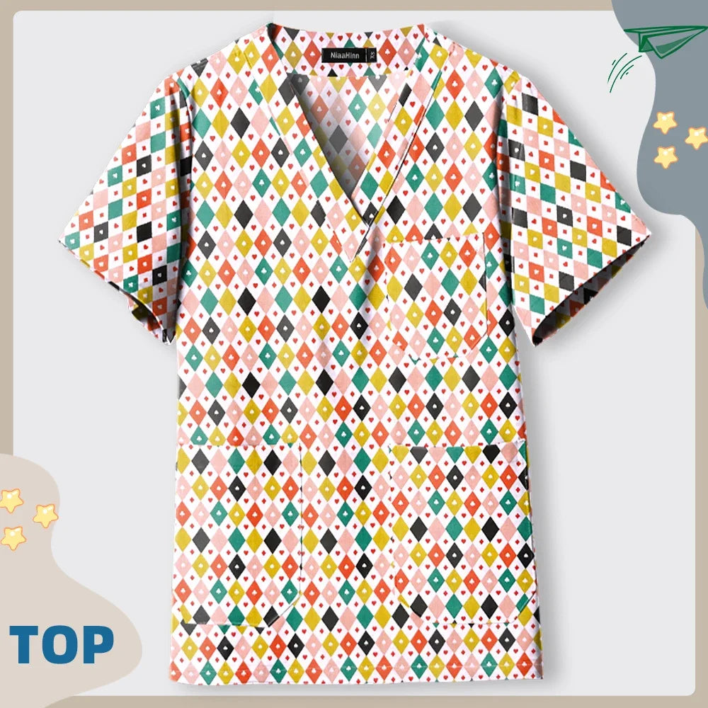 Print Dogs/Cats/Rabbit Scrub Tops Women Men Medical Scrub Shirts Pet Shop Vet Workwear Doctor Nurse Uniform Dentist Overalls Cap