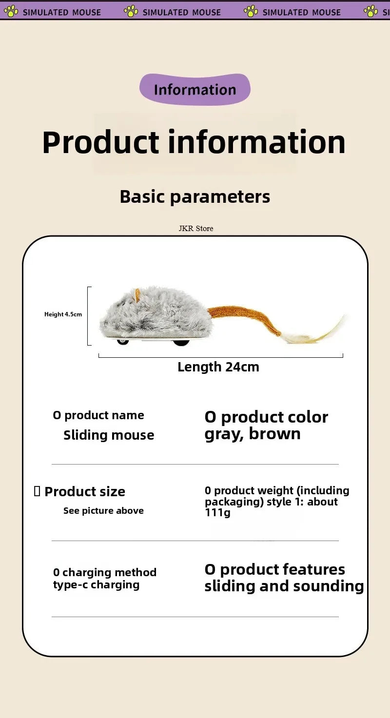 Fun Realistic Cat Plush Mouse Toy, Interactive Running Mice with Dog Tail for Cats, Kitten Teaser Pet Toys for Indoor Play and
